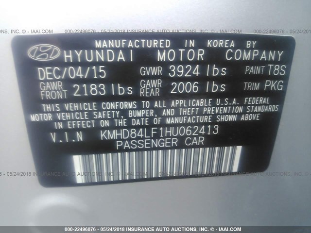 KMHD84LF1HU062413 - 2017 HYUNDAI ELANTRA SE/VALUE/LIMITED SILVER photo 9