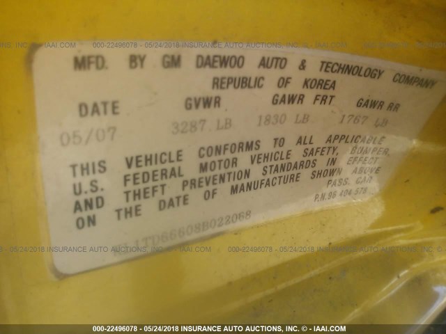 KL1TD66608B022068 - 2008 CHEVROLET AVEO LS YELLOW photo 9