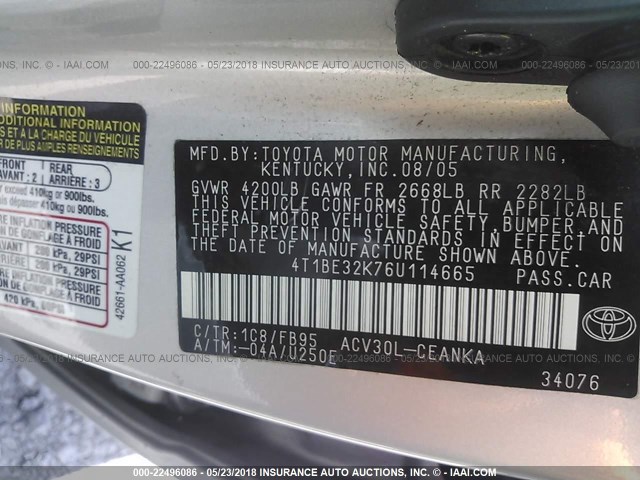 4T1BE32K76U114665 - 2006 TOYOTA CAMRY LE/XLE/SE ვერცხლისფერი ფოტო 9