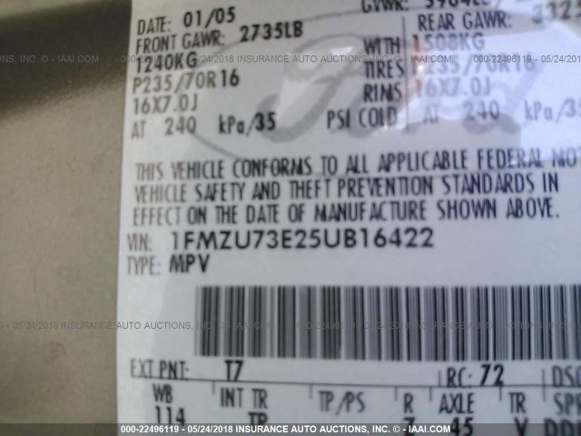 1FMZU73E25UB16422 - 2005 FORD EXPLORER XLT/XLT SPORT/NBX 棕色 照片 9