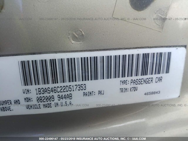 1B3AS46C22D517353 - 2002 DODGE NEON SE TAN photo 9