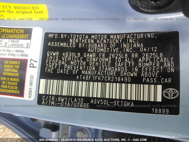 4T4BF1FK7CR218490 - 2012 TOYOTA CAMRY SE/LE/XLE ღია ლურჯი ფოტო 9