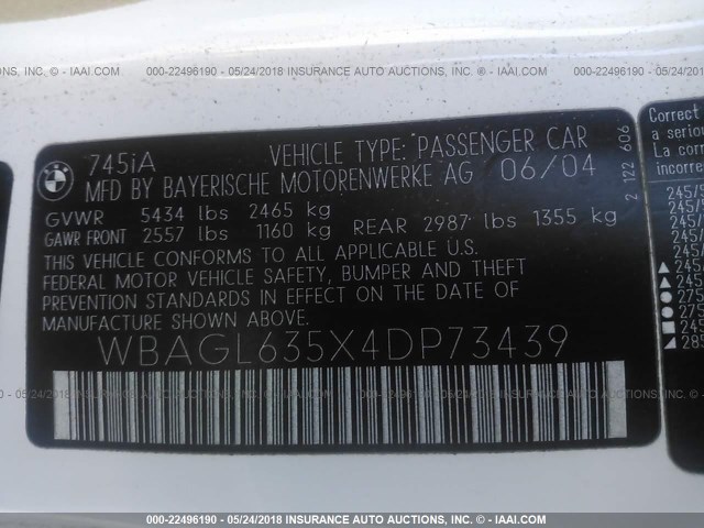 WBAGL635X4DP73439 - 2004 BMW 745 I WHITE photo 9