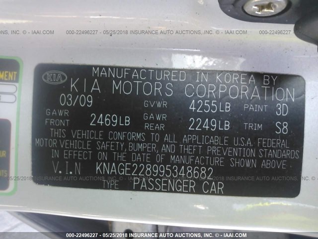 KNAGE228995348682 - 2009 KIA OPTIMA LX/EX SILVER photo 9