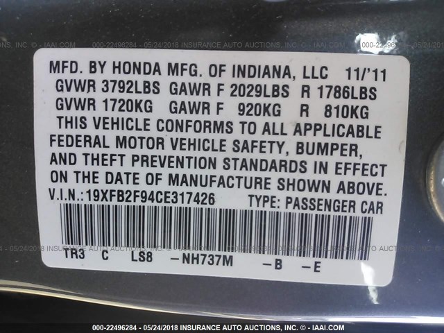 19XFB2F94CE317426 - 2012 HONDA CIVIC EXL Boz foto 9