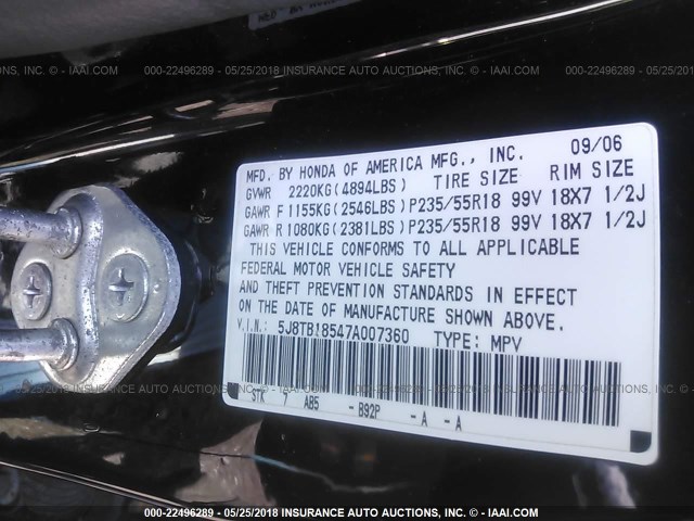 5J8TB18547A007360 - 2007 ACURA RDX TECHNOLOGY BLACK photo 9