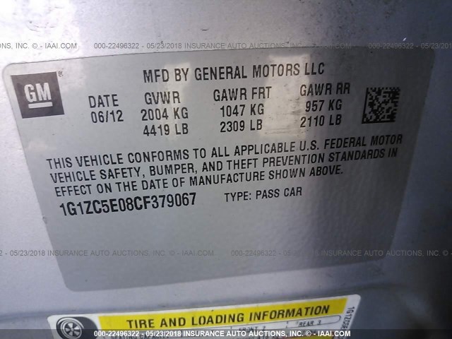 1G1ZC5E08CF379067 - 2012 CHEVROLET MALIBU 1LT 青色 照片 9