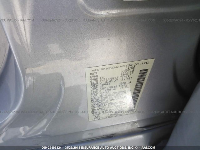 1N6AA07C08N358440 - 2008 NISSAN TITAN XE/SE/LE/PRO-4X SILVER photo 9