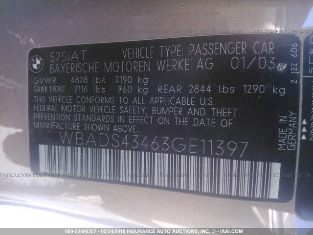 WBADS43463GE11397 - 2003 BMW 525 IT AUTOMATIC TAN photo 9