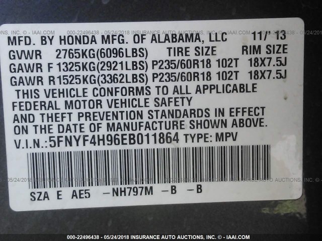 5FNYF4H96EB011864 - 2014 HONDA PILOT TOURING GRAY photo 9