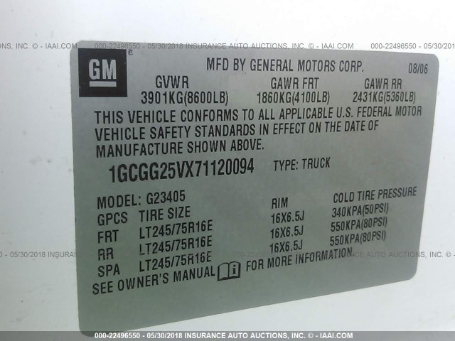 1GCGG25VX71120094 - 2007 CHEVROLET EXPRESS G2500  WHITE photo 9