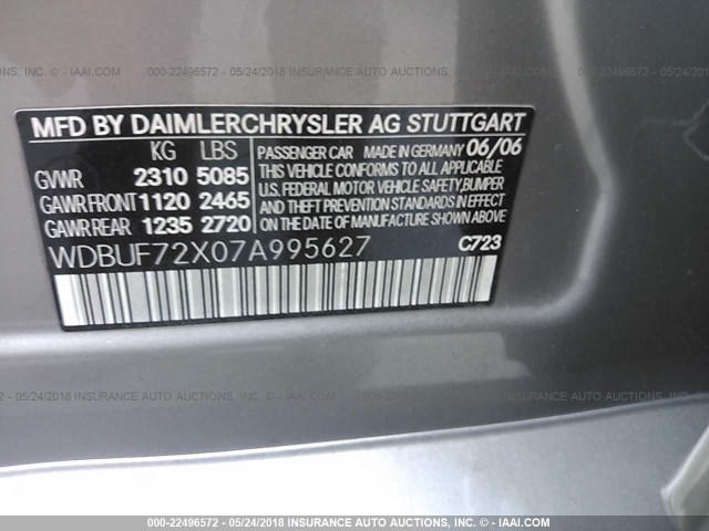 WDBUF72X07A995627 - 2007 MERCEDES-BENZ E 550 GRAY photo 9