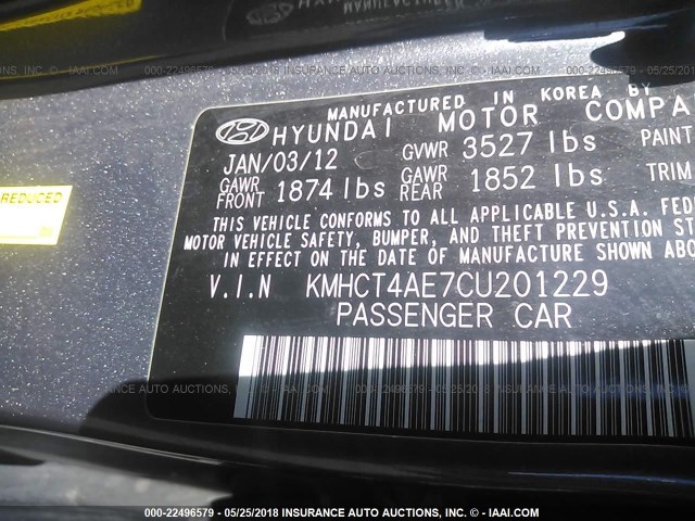 KMHCT4AE7CU201229 - 2012 HYUNDAI ACCENT GLS/GS GRAY photo 9