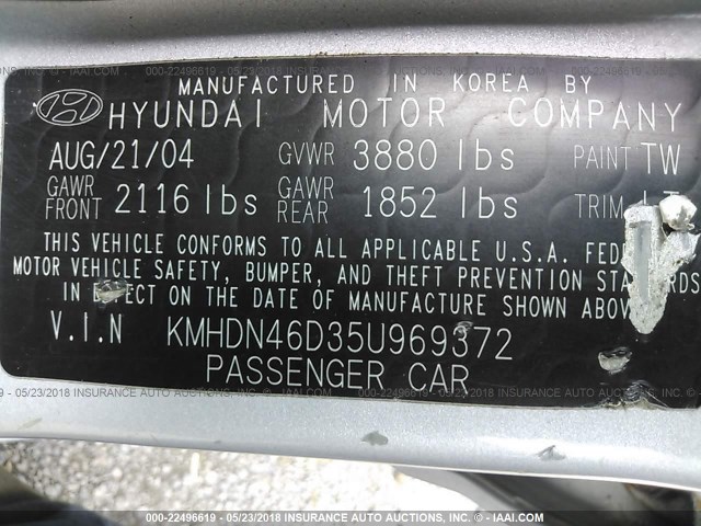 KMHDN46D35U969372 - 2005 HYUNDAI ELANTRA GLS/GT SILVER photo 9