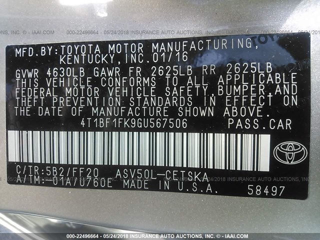 4T1BF1FK9GU567506 - 2016 TOYOTA CAMRY LE/XLE/SE/XSE TAN photo 9