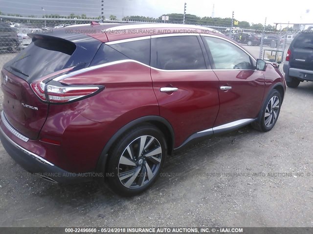 5N1AZ2MG1FN275039 - 2015 NISSAN MURANO S/SL/SV/PLATINUM RED photo 4