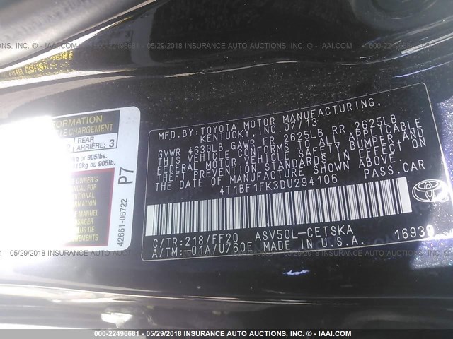 4T1BF1FK3DU294106 - 2013 TOYOTA CAMRY L/SE/LE/XLE 黑色 照片 9