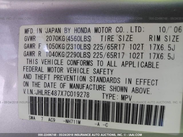 JHLRE487X7C019278 - 2007 HONDA CR-V EXL SILVER photo 9