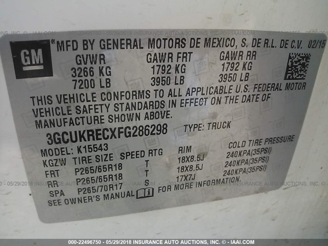 3GCUKRECXFG286298 - 2015 CHEVROLET SILVERADO K1500 LT WHITE photo 9