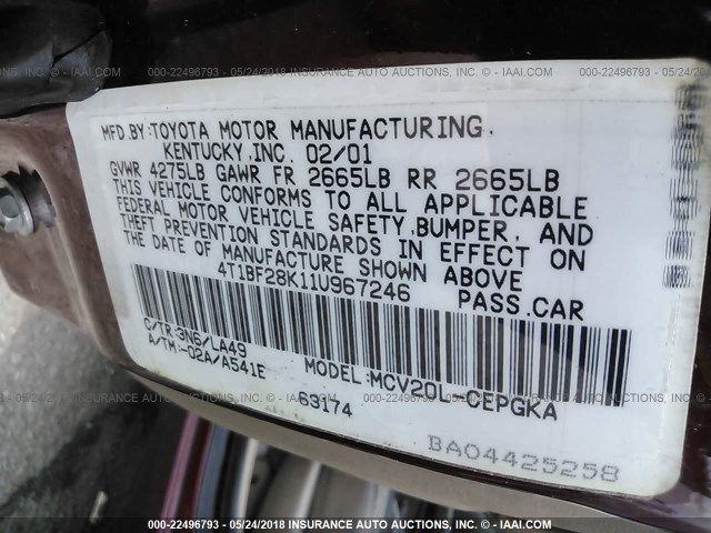 4T1BF28K11U967246 - 2001 TOYOTA CAMRY LE/XLE أحمر صورة 9