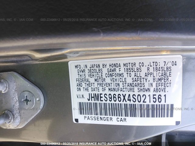 JHMES966X4S021561 - 2004 HONDA CIVIC HYBRID GRAY photo 9