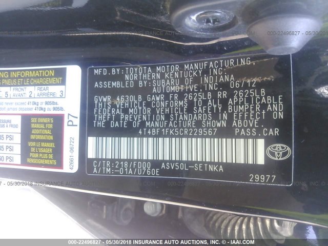 4T4BF1FK5CR229567 - 2012 TOYOTA CAMRY SE/LE/XLE 黑色 照片 9