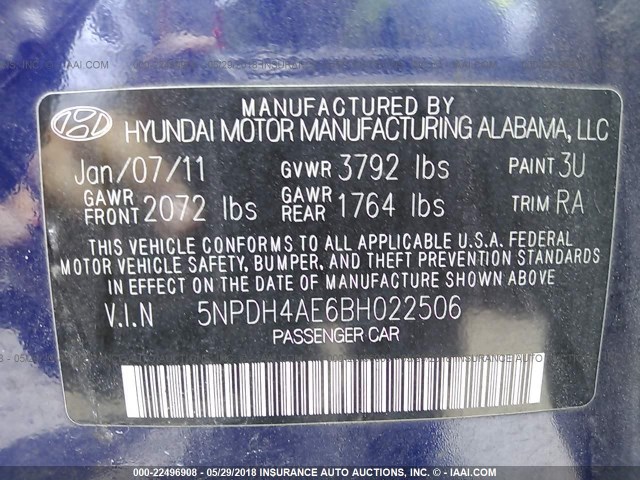 5NPDH4AE6BH022506 - 2011 HYUNDAI ELANTRA GLS/LIMITED BLUE photo 9