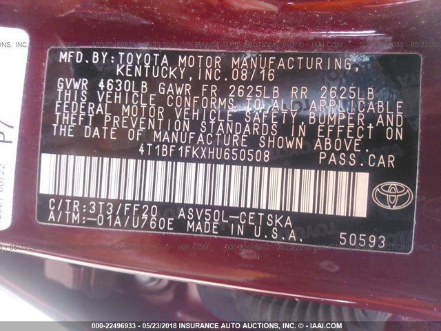 4T1BF1FKXHU650508 - 2017 TOYOTA CAMRY LE/XLE/SE/XSE 红色 照片 9