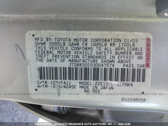 JTDBR32E030047574 - 2003 TOYOTA COROLLA CE/LE SILVER photo 9