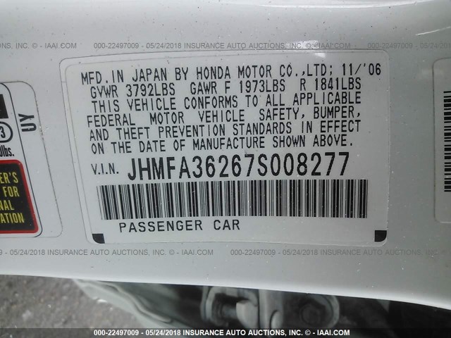 JHMFA36267S008277 - 2007 HONDA CIVIC HYBRID WHITE photo 9