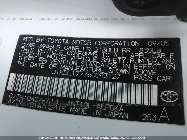 JTKDE177760093127 - 2006 TOYOTA SCION TC 白色 照片 9