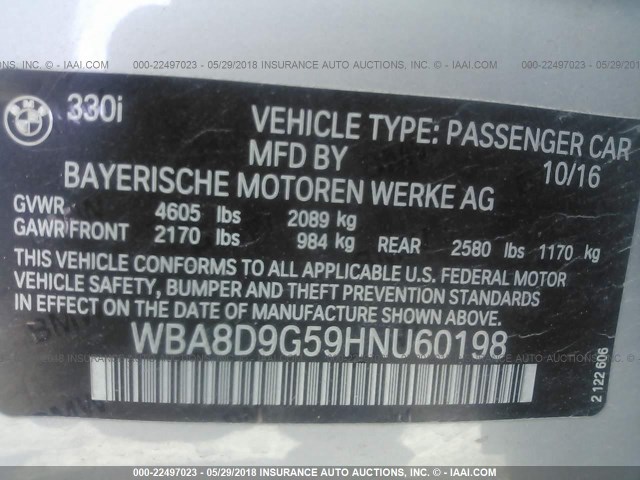 WBA8D9G59HNU60198 - 2017 BMW 330 XI 银色 照片 9