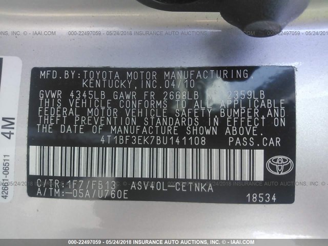 4T1BF3EK7BU141108 - 2011 TOYOTA CAMRY SE/LE/XLE 银色 照片 9