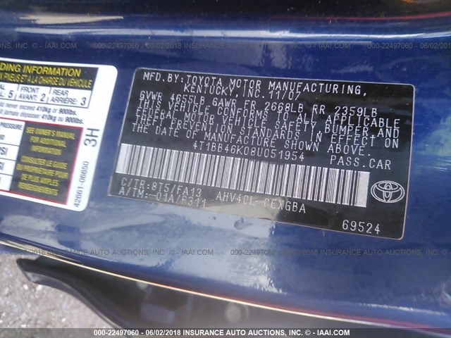 4T1BB46K08U051954 - 2008 TOYOTA CAMRY HYBRID BLUE photo 9