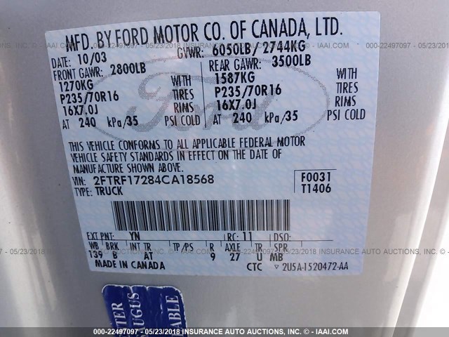 2FTRF17284CA18568 - 2004 FORD F-150 HERITAGE CLASSIC SILVER photo 9