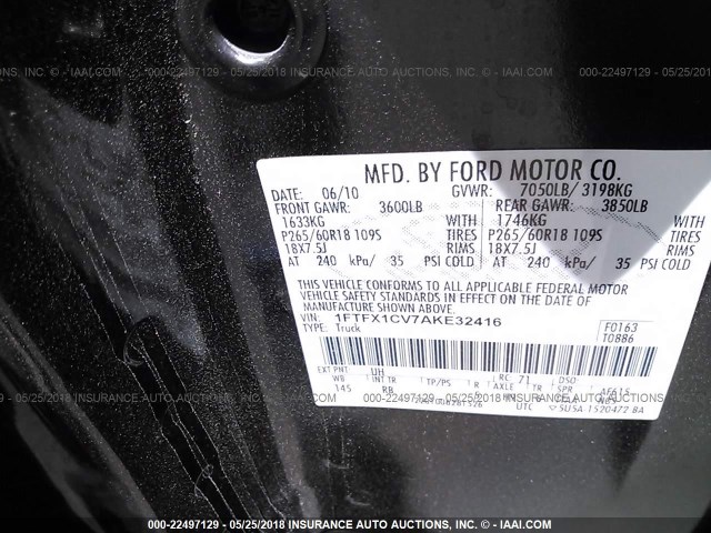 1FTFX1CV7AKE32416 - 2010 FORD F150 SUPER CAB BLACK photo 9