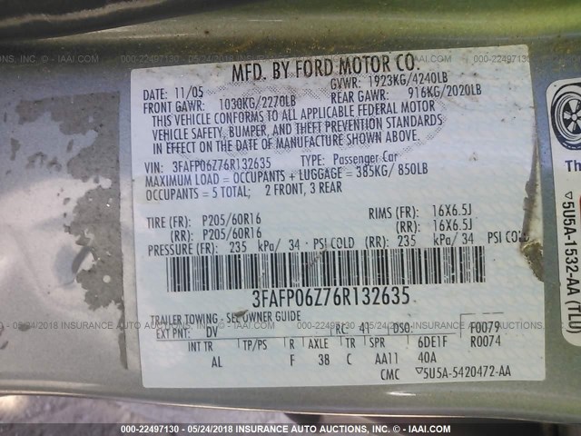 3FAFP06Z76R132635 - 2006 FORD FUSION S GREEN photo 9