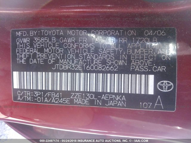 JTDBR32E160082662 - 2006 TOYOTA COROLLA CE/LE RED photo 9