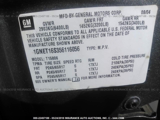 1GNET16S356116056 - 2005 CHEVROLET TRAILBLAZER EXT LS/EXT LT GRAY photo 9