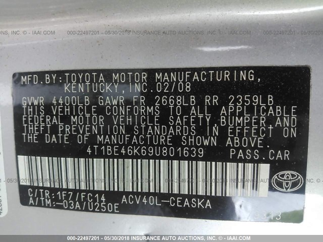 4T1BE46K69U801639 - 2009 TOYOTA CAMRY SE/LE/XLE 银色 照片 9