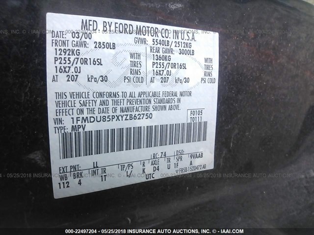 1FMDU85PXYZB62750 - 2000 FORD EXPLORER LIMITED 蓝色 照片 9