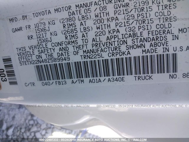 5TETX22N48Z589949 - 2008 TOYOTA TACOMA ACCESS CAB Weiß Foto 9