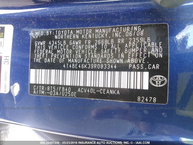 4T4BE46K39R083344 - 2009 TOYOTA CAMRY SE/LE/XLE BLUE photo 9