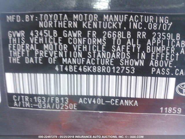 4T4BE46K88R012753 - 2008 TOYOTA CAMRY CE/LE/XLE/SE GRAY photo 9