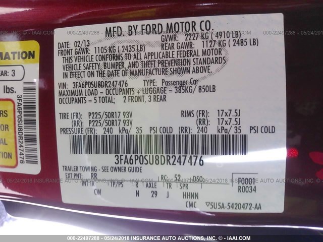 3FA6P0SU8DR247476 - 2013 FORD FUSION TITANIUM PHEV RED photo 9