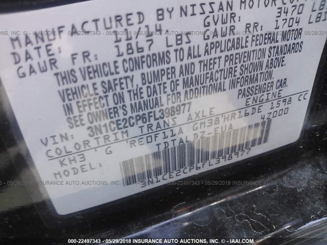 3N1CE2CP6FL398977 - 2015 NISSAN VERSA NOTE S/S PLUS/SV/SL/SR BLACK photo 9