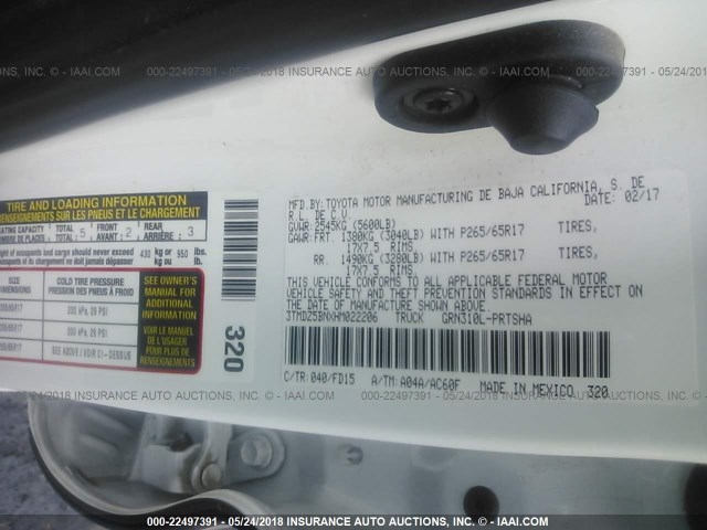 3TMDZ5BNXHM022206 - 2017 TOYOTA TACOMA DBL CAB/SR5/TRD SPORT/OR WHITE photo 9