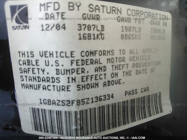 1G8AZ52F85Z136334 - 2005 SATURN ION LEVEL 2 BLACK photo 9