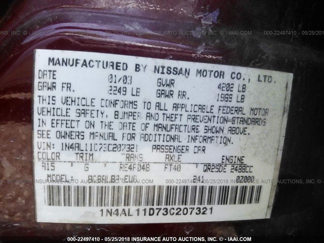 1N4AL11D73C207321 - 2003 NISSAN ALTIMA S/SL RED photo 9