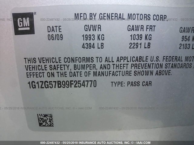 1G1ZG57B99F254770 - 2009 CHEVROLET MALIBU LS 银色 照片 9